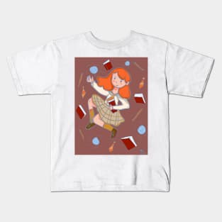 Redhead witch with books and magic wand Kids T-Shirt